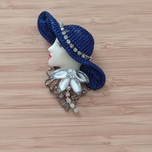 Vintage Art Deco Pin Brooch, Porcelain Lady Blue Hat With Clear Rhinestones